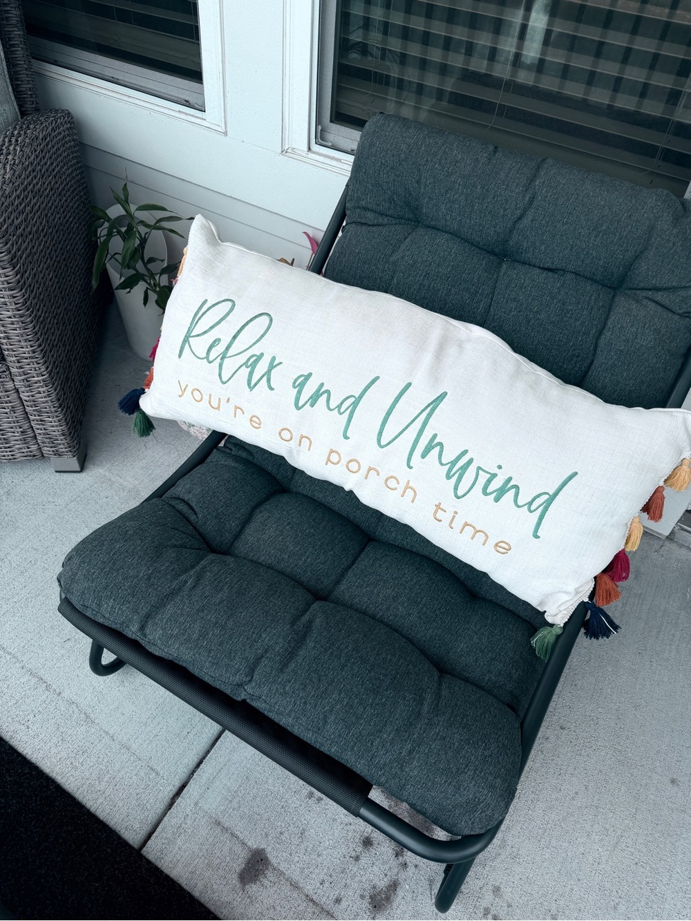 Long Decorative Porch Pillow with Multicolor Tassels - "Relax and Unwind"
